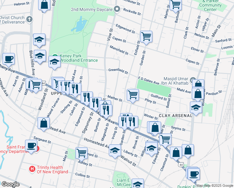map of restaurants, bars, coffee shops, grocery stores, and more near 240 Mather Street in Hartford