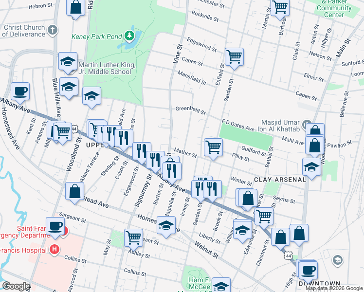 map of restaurants, bars, coffee shops, grocery stores, and more near 240 Mather Street in Hartford