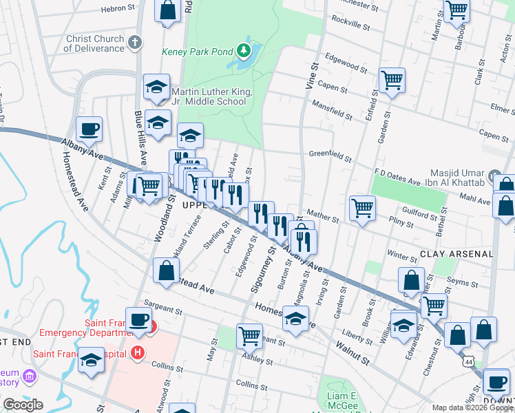 map of restaurants, bars, coffee shops, grocery stores, and more near 14 Lenox Street in Hartford