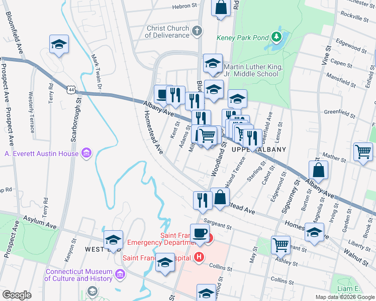 map of restaurants, bars, coffee shops, grocery stores, and more near 34 Milford Street in Hartford