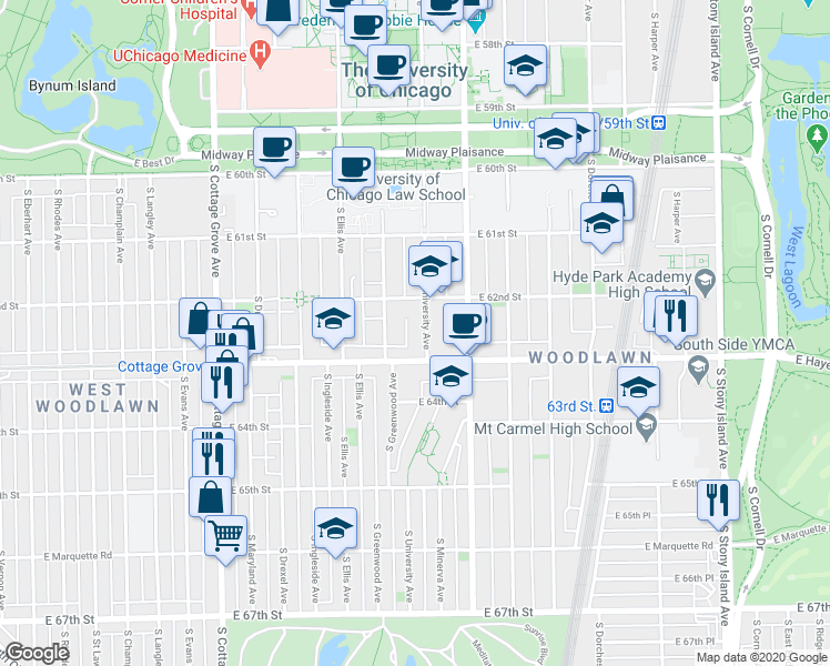 map of restaurants, bars, coffee shops, grocery stores, and more near 6240 South University Avenue in Chicago