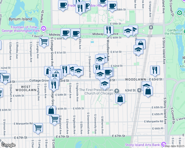 map of restaurants, bars, coffee shops, grocery stores, and more near 6240 South University Avenue in Chicago