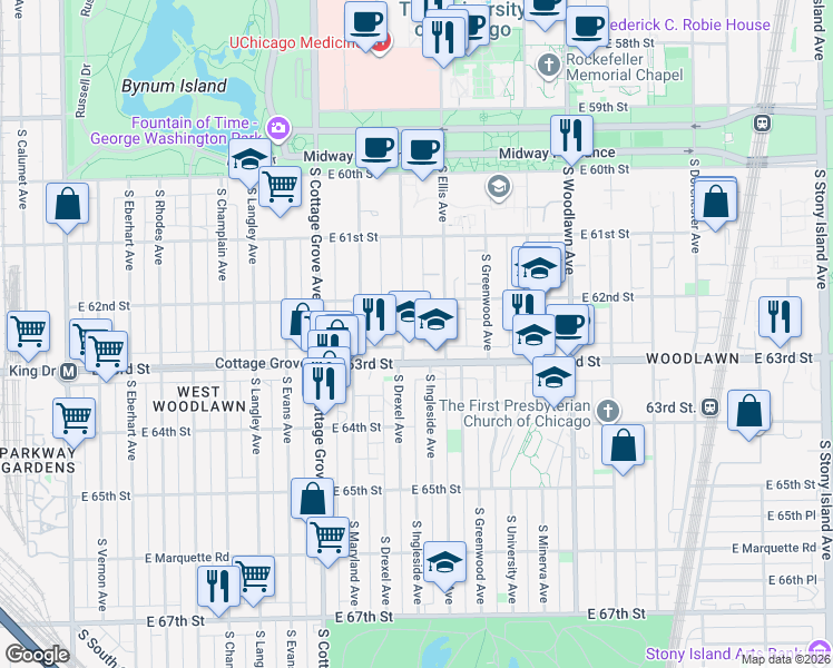 map of restaurants, bars, coffee shops, grocery stores, and more near 6238 South Ellis Avenue in Chicago
