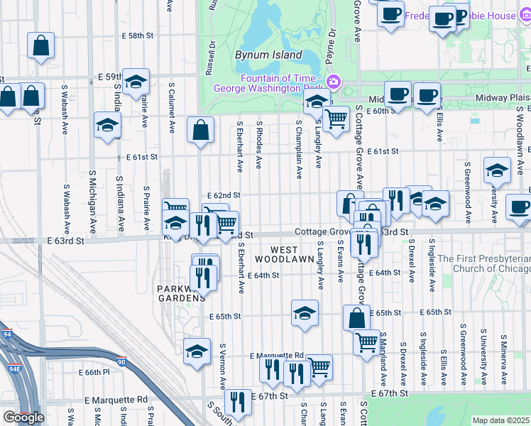 map of restaurants, bars, coffee shops, grocery stores, and more near 6233 South Rhodes Avenue in Chicago