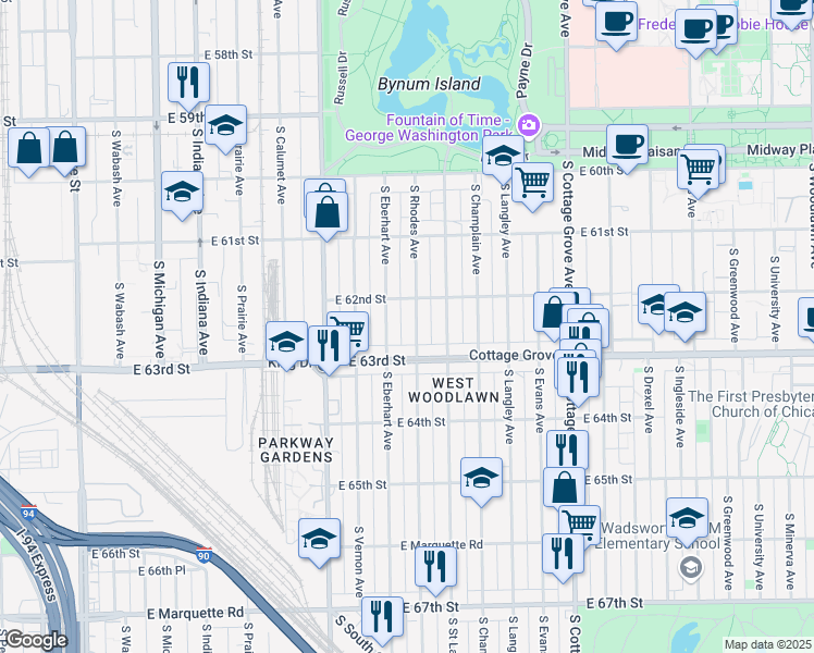 map of restaurants, bars, coffee shops, grocery stores, and more near 6233 South Rhodes Avenue in Chicago