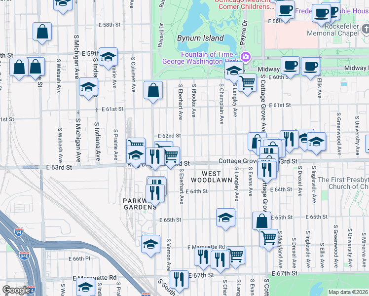 map of restaurants, bars, coffee shops, grocery stores, and more near 6232 South Eberhart Avenue in Chicago