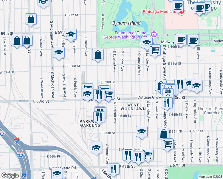 map of restaurants, bars, coffee shops, grocery stores, and more near 6232 South Eberhart Avenue in Chicago