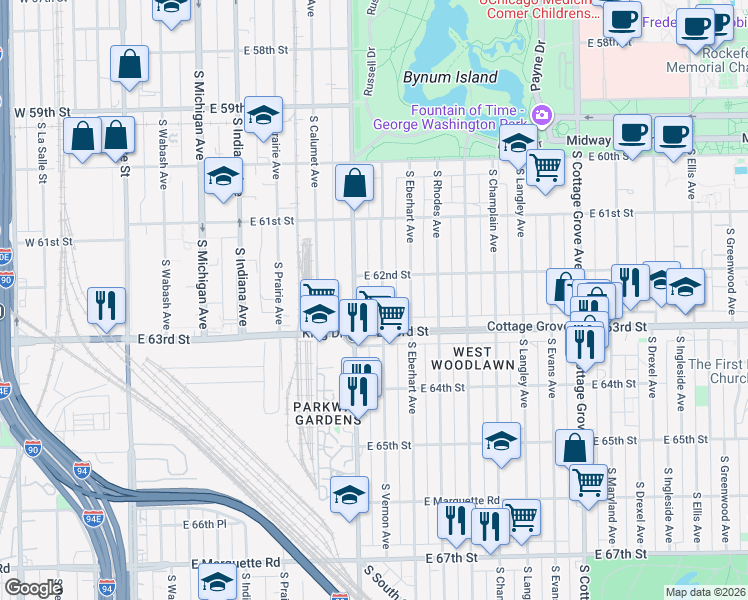 map of restaurants, bars, coffee shops, grocery stores, and more near 6238 South Vernon Avenue in Chicago