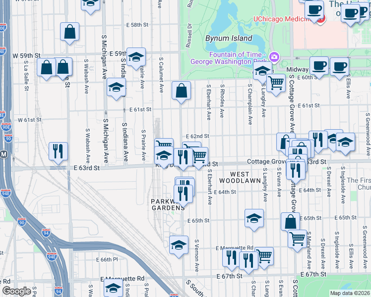 map of restaurants, bars, coffee shops, grocery stores, and more near 6238 South Vernon Avenue in Chicago
