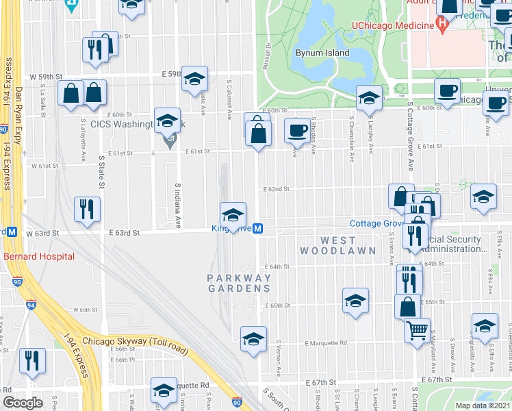 map of restaurants, bars, coffee shops, grocery stores, and more near 6238 South Vernon Avenue in Chicago