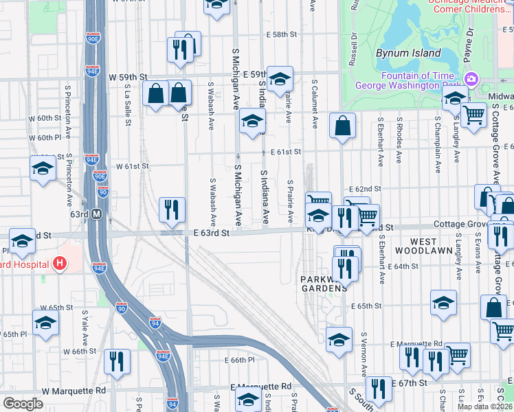 map of restaurants, bars, coffee shops, grocery stores, and more near 6230 South Indiana Avenue in Chicago