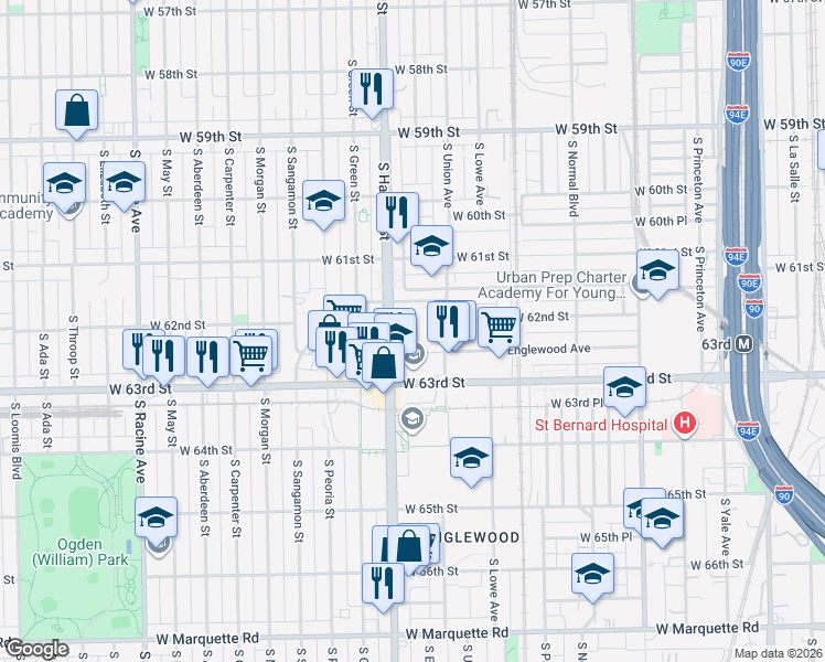 map of restaurants, bars, coffee shops, grocery stores, and more near 740 West Englewood Avenue in Chicago
