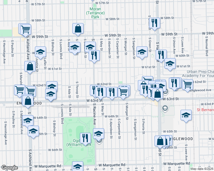 map of restaurants, bars, coffee shops, grocery stores, and more near 6214 South Aberdeen Street in Chicago