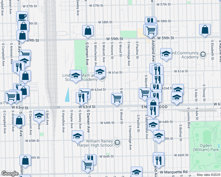 map of restaurants, bars, coffee shops, grocery stores, and more near 6206 South Honore Street in Chicago