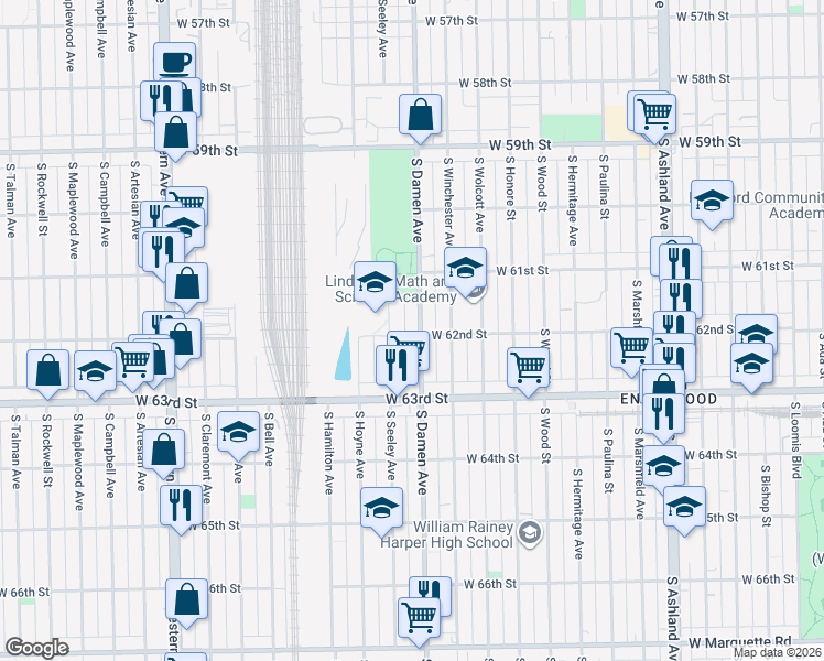 map of restaurants, bars, coffee shops, grocery stores, and more near 6203 South Seeley Avenue in Chicago