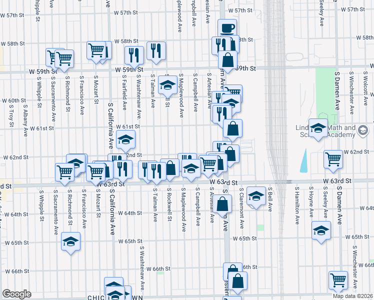 map of restaurants, bars, coffee shops, grocery stores, and more near 2519 West 62nd Street in Chicago