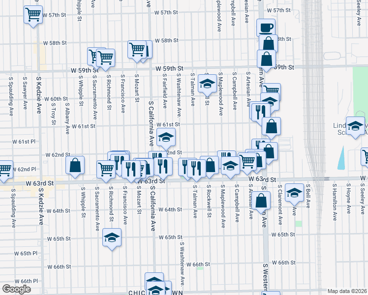 map of restaurants, bars, coffee shops, grocery stores, and more near 6158 South Talman Avenue in Chicago
