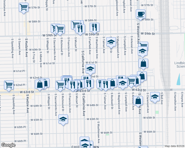 map of restaurants, bars, coffee shops, grocery stores, and more near 2710 West 62nd Street in Chicago