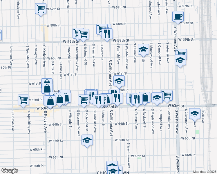 map of restaurants, bars, coffee shops, grocery stores, and more near 6159 South Mozart Street in Chicago
