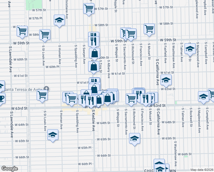 map of restaurants, bars, coffee shops, grocery stores, and more near 6159 South Albany Avenue in Chicago