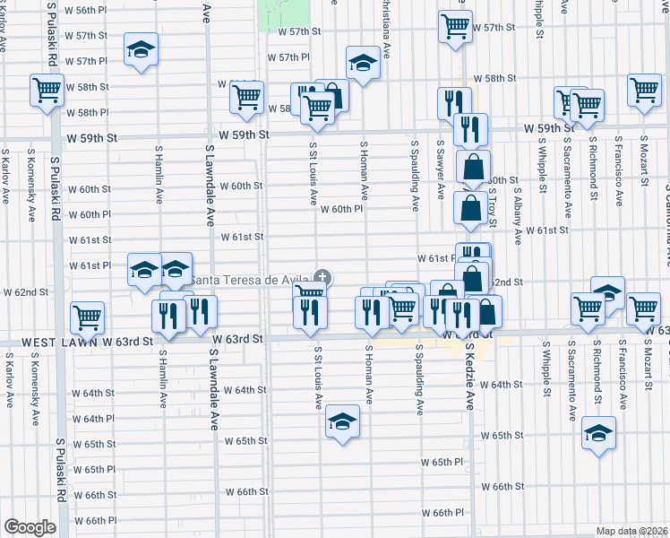 map of restaurants, bars, coffee shops, grocery stores, and more near 3436 West 62nd Street in Chicago