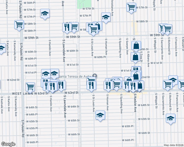 map of restaurants, bars, coffee shops, grocery stores, and more near 3512 West 62nd Street in Chicago