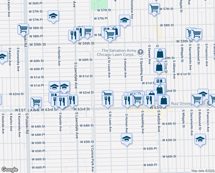 map of restaurants, bars, coffee shops, grocery stores, and more near 3512 West 62nd Street in Chicago