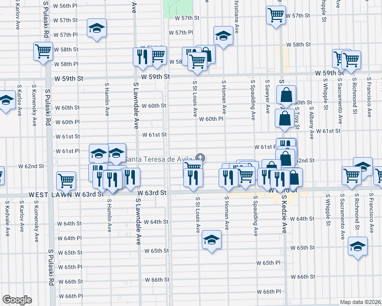 map of restaurants, bars, coffee shops, grocery stores, and more near 3512 West 62nd Street in Chicago