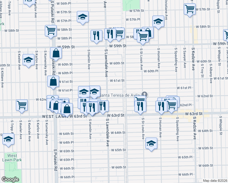 map of restaurants, bars, coffee shops, grocery stores, and more near 3624 West 62nd Street in Chicago