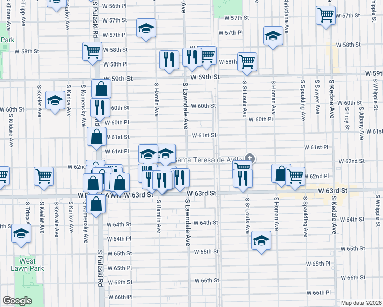 map of restaurants, bars, coffee shops, grocery stores, and more near 6144 South Lawndale Avenue in Chicago