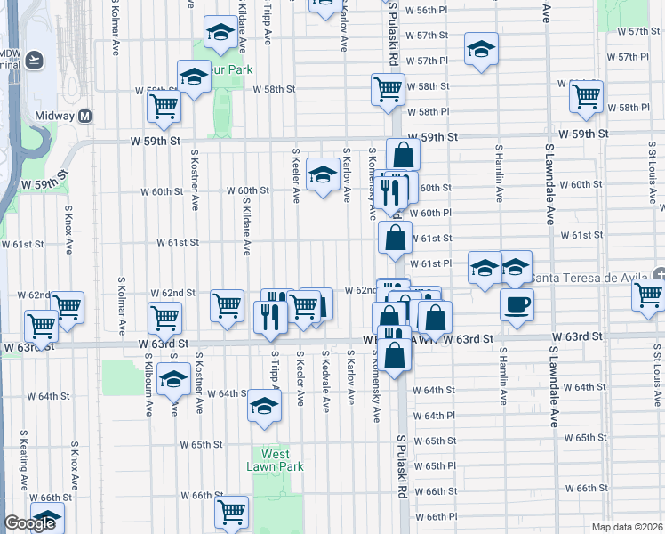 map of restaurants, bars, coffee shops, grocery stores, and more near 6143 South Kedvale Avenue in Chicago