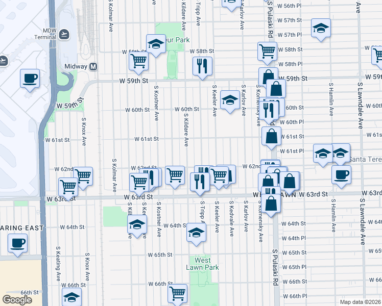 map of restaurants, bars, coffee shops, grocery stores, and more near 6140 South Kildare Avenue in Chicago