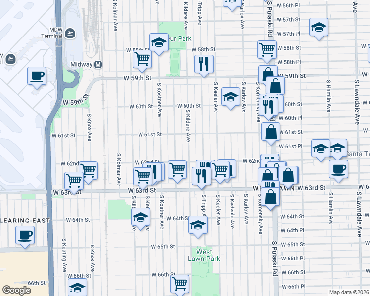 map of restaurants, bars, coffee shops, grocery stores, and more near 6140 South Kildare Avenue in Chicago