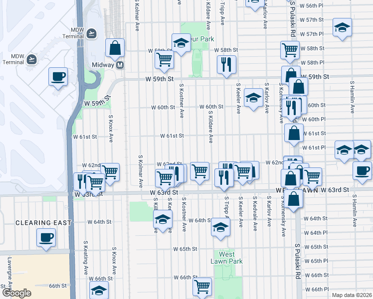map of restaurants, bars, coffee shops, grocery stores, and more near 6134 South Kolin Avenue in Chicago
