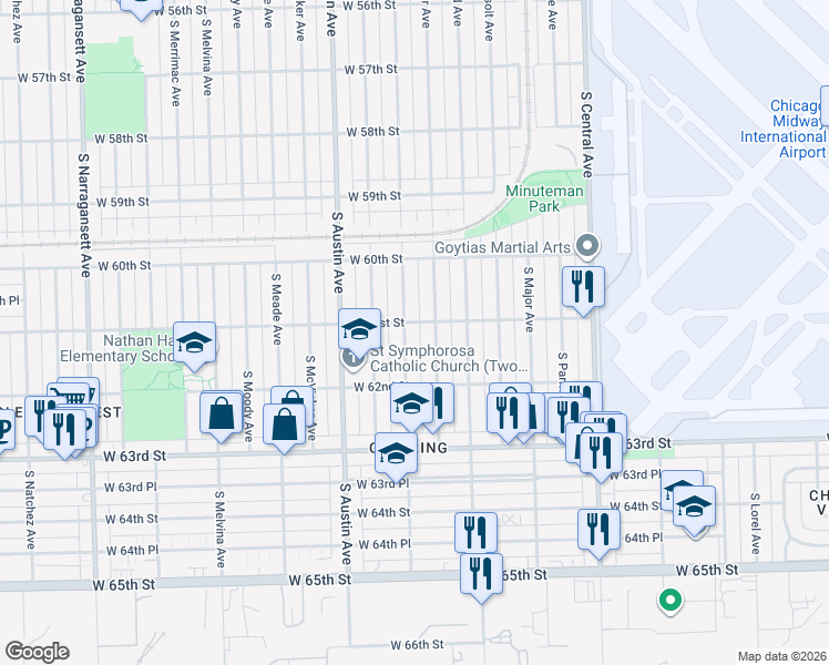 map of restaurants, bars, coffee shops, grocery stores, and more near 6116 South Mayfield Avenue in Chicago