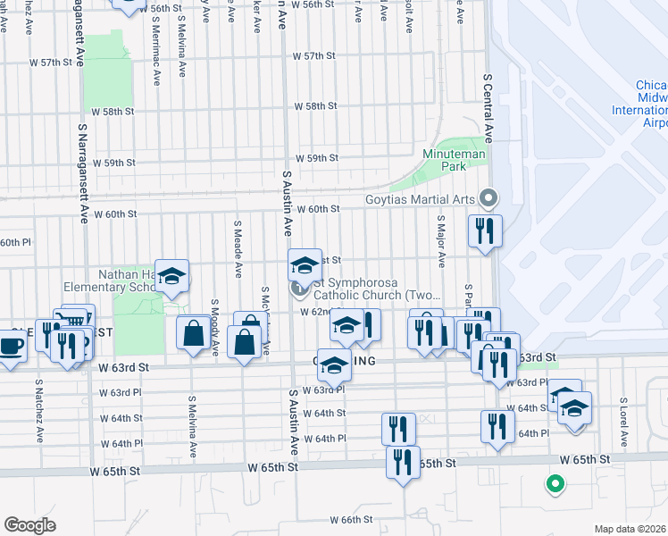 map of restaurants, bars, coffee shops, grocery stores, and more near 6116 South Mayfield Avenue in Chicago