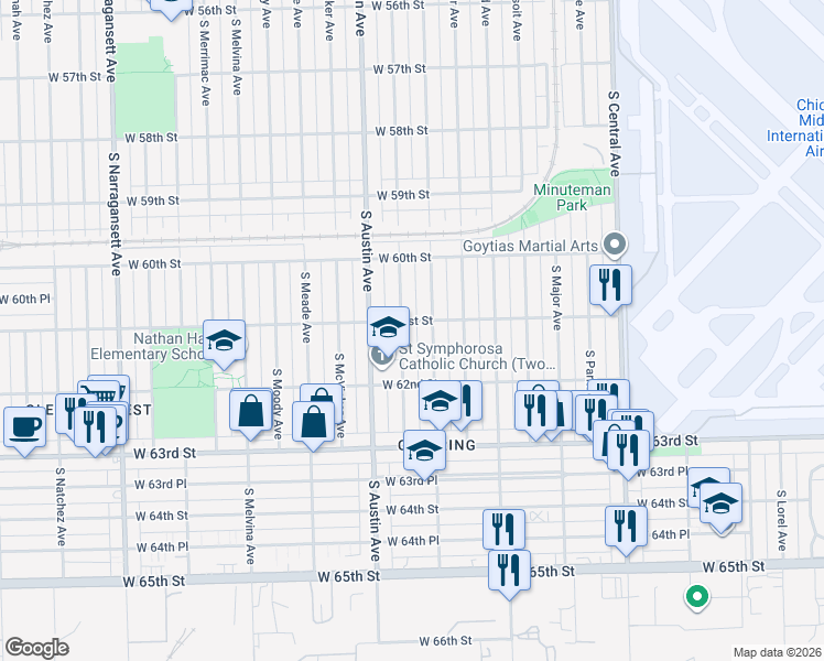 map of restaurants, bars, coffee shops, grocery stores, and more near 6116 South Mayfield Avenue in Chicago