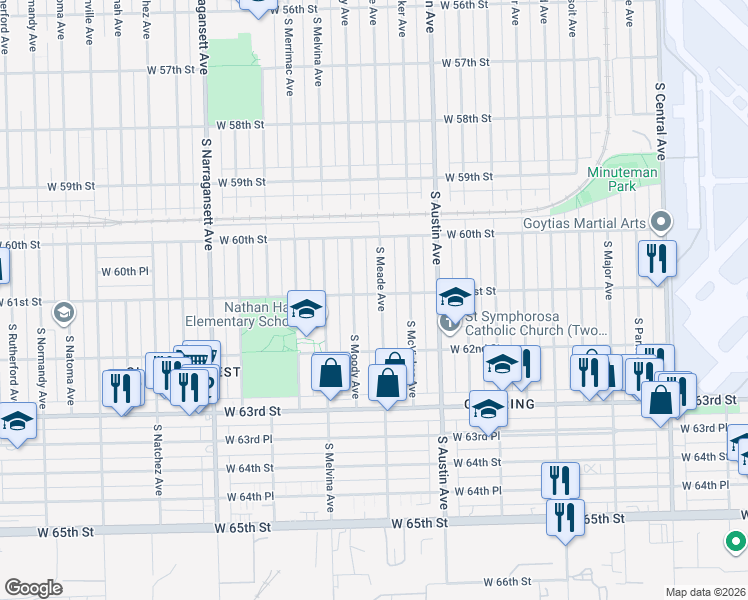 map of restaurants, bars, coffee shops, grocery stores, and more near 6115 South Meade Avenue in Chicago