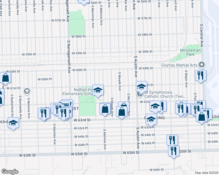 map of restaurants, bars, coffee shops, grocery stores, and more near 6112 South Moody Avenue in Chicago