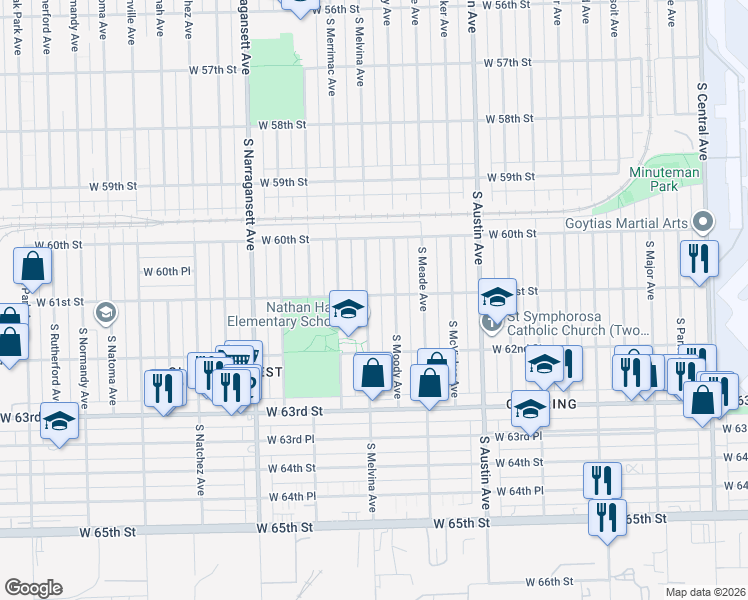 map of restaurants, bars, coffee shops, grocery stores, and more near 6112 South Moody Avenue in Chicago