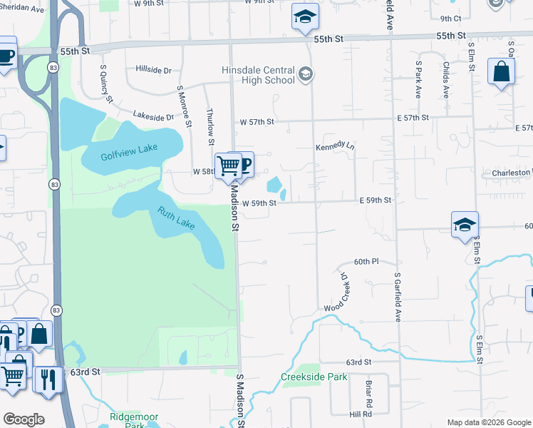map of restaurants, bars, coffee shops, grocery stores, and more near 469 Old Surrey Road in Hinsdale