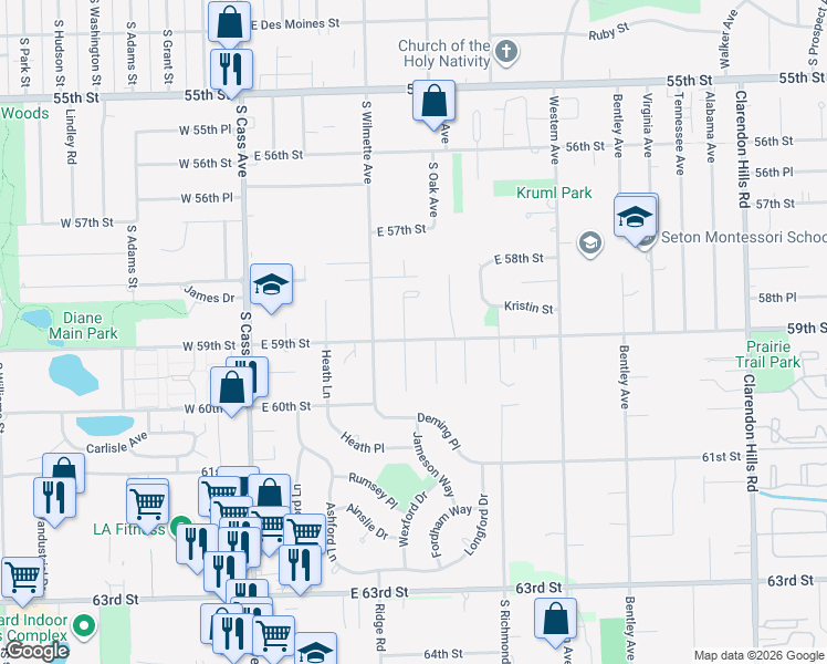 map of restaurants, bars, coffee shops, grocery stores, and more near 800 Megan Court in Westmont