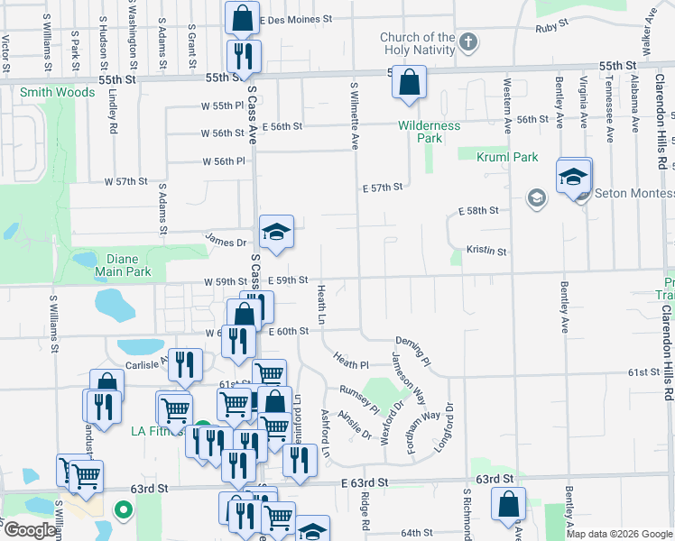 map of restaurants, bars, coffee shops, grocery stores, and more near 800 South Wilmette Avenue in Westmont
