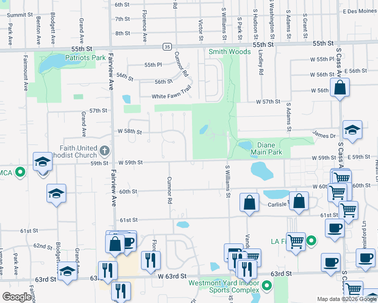 map of restaurants, bars, coffee shops, grocery stores, and more near 532 West 59th Street in Westmont