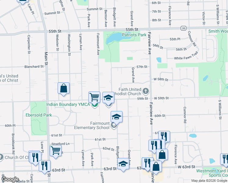 map of restaurants, bars, coffee shops, grocery stores, and more near 5823 Dearborn Parkway in Downers Grove