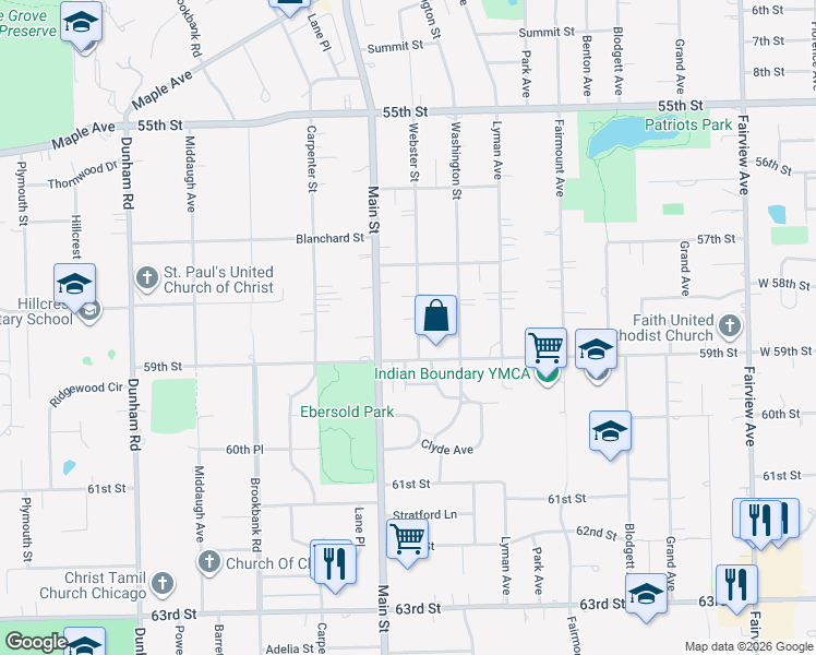 map of restaurants, bars, coffee shops, grocery stores, and more near 5828 Webster Street in Downers Grove