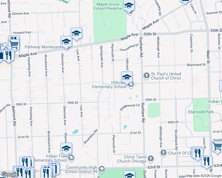map of restaurants, bars, coffee shops, grocery stores, and more near 5820 Plymouth Street in Downers Grove