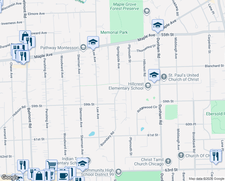 map of restaurants, bars, coffee shops, grocery stores, and more near 5815 Springside Avenue in Downers Grove
