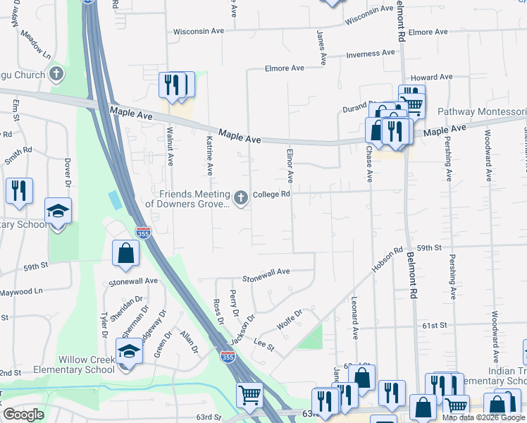 map of restaurants, bars, coffee shops, grocery stores, and more near 5710 Elinor Avenue in Downers Grove