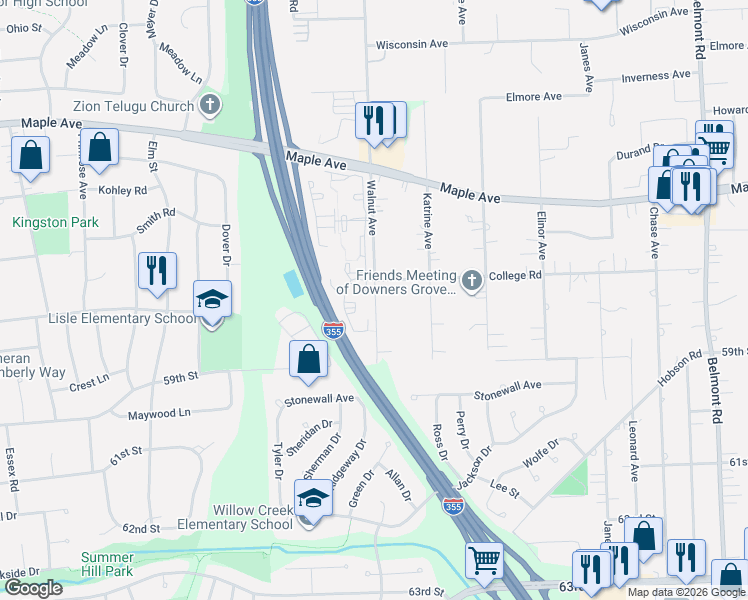map of restaurants, bars, coffee shops, grocery stores, and more near 5748 Walnut Avenue in Downers Grove